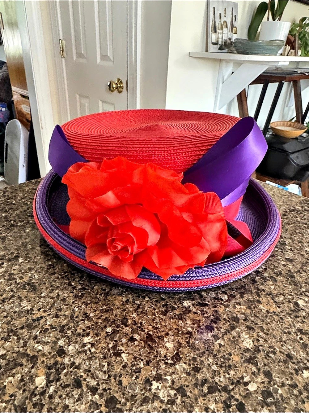 Red Hat Society Wide Brim Hat w/Red Flower, Purple Band & Bow Like New